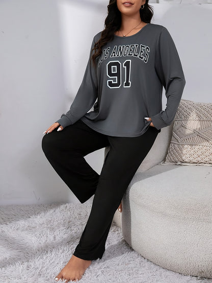 Women'S Plus Size Los Angeles 91 Graphic Pajama Set - Gray & Black Long Sleeve Crew Neck Top with Matching Pants, Stretchy & Comfy Loungewear, Pajama Sets for Adults