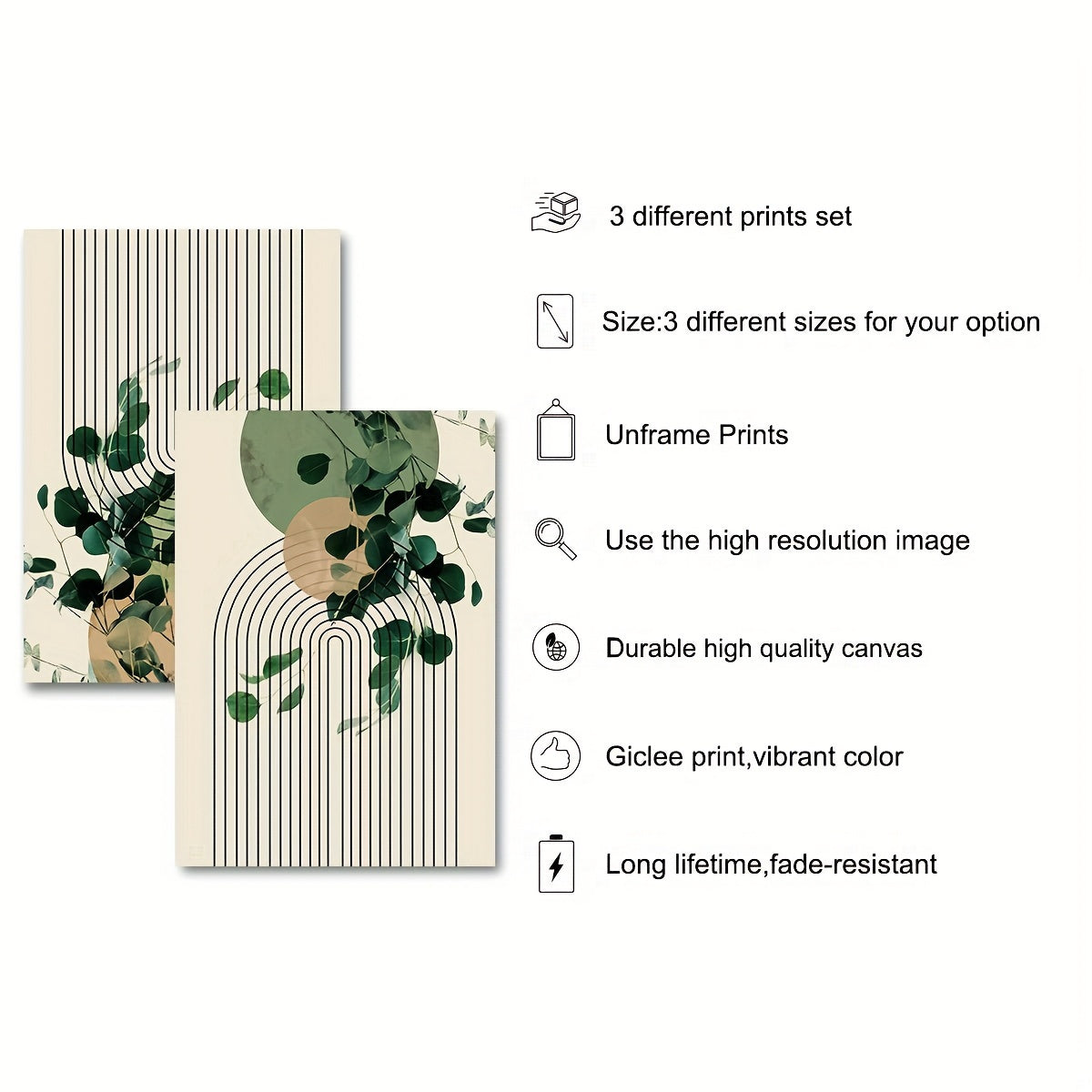 3pcs Boho Green Plant Eucalyptus Leaf Geometry Graphic Art Poster - Retro Canvas Print For Modern Wall Decor In Living Room And Home