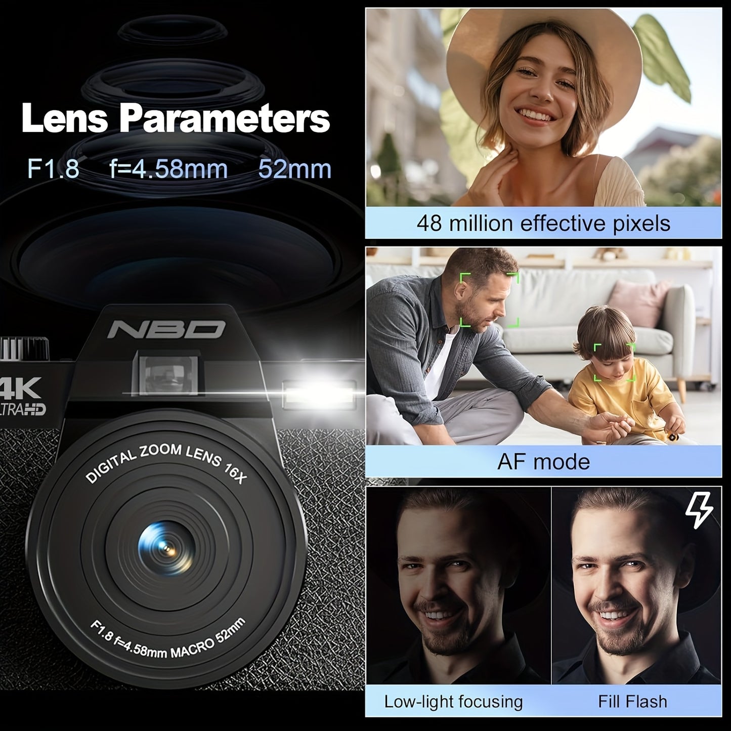NBD 48MP Digital Cameras for Photography with WiFi & App Control, 4K Autofocus Vlogging Camera for YouTube with 16X Zoom, Anti-Shake, 32GB TF Card, Dual Batteries, 52mm Wide Angle & Macro Lens