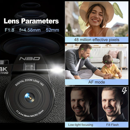 NBD 48MP Digital Cameras for Photography with WiFi & App Control, 4K Autofocus Vlogging Camera for YouTube with 16X Zoom, Anti-Shake, 32GB TF Card, Dual Batteries, 52mm Wide Angle & Macro Lens