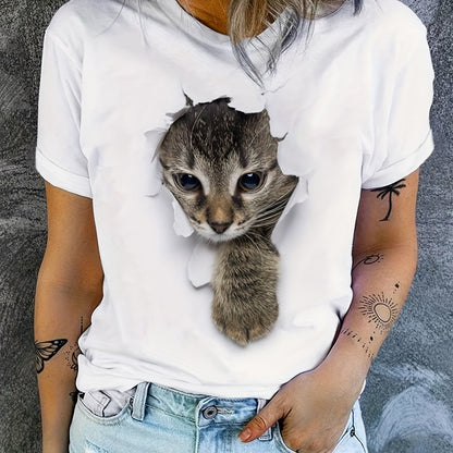 Cute Cat Print T-Shirt, Crew Neck Short Sleeve T-Shirt, Casual Every Day Tops, Women's Clothing