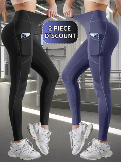 2pcs Women's High-Waist Yoga Leggings - Butt Lifting & Tummy Control, Breathable Stretch Fabric, Solid Color Workout Pants with Side Pockets for Outdoor Fitness