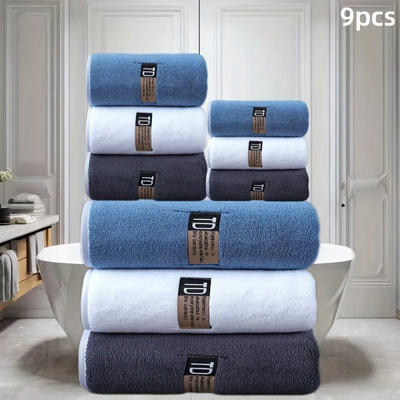 9pcs Large Size Three Colors Super Soft Super Absorbent Bath Towel Set, Blue, White, Gray Composition, Exquisite and Durable, Not Shedding, 5-Star Standard