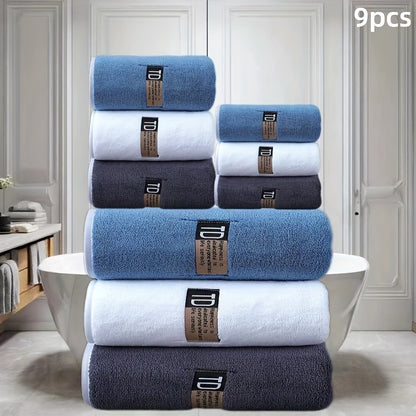 9pcs Large Size Three Colors Super Soft Super Absorbent Bath Towel Set, Blue, White, Gray Composition, Exquisite and Durable, Not Shedding, 5-Star Standard