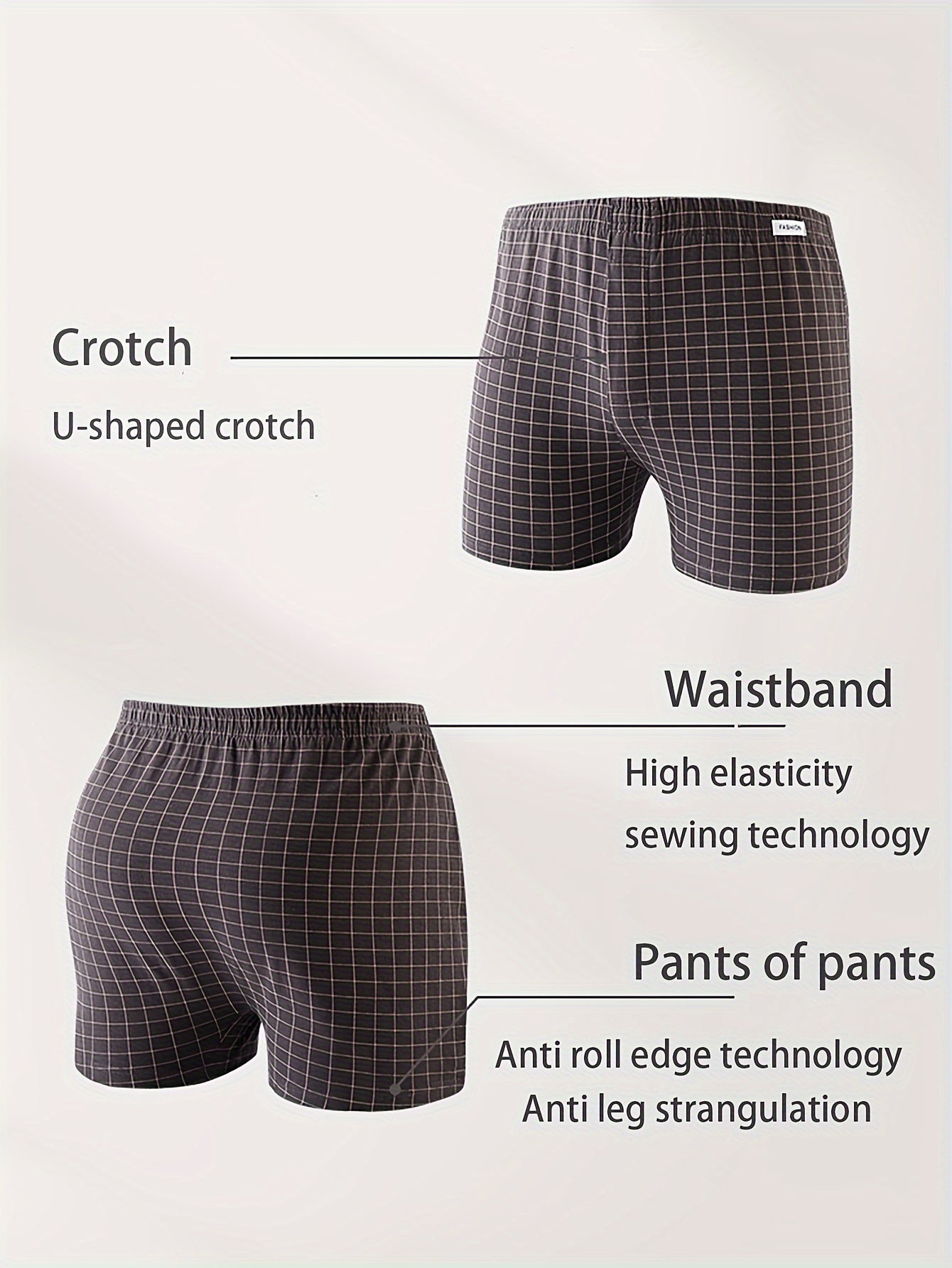 3pcs Men'S Loose Fit Plaid Boxer Briefs - 95% Mid-Rise Athletic Shorts with Elastic Waistband, Breathable & Comfortable for Casual Attire, Black/White/Beige/White/Gray/Beige, Everyday Comfort Shorts | Relaxed Fit Shorts | Med