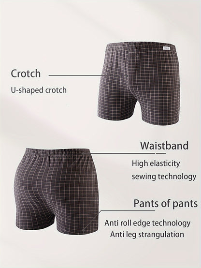 3pcs Men'S Loose Fit Plaid Boxer Briefs - 95% Mid-Rise Athletic Shorts with Elastic Waistband, Breathable & Comfortable for Casual Attire, Black/White/Beige/White/Gray/Beige, Everyday Comfort Shorts | Relaxed Fit Shorts | Med