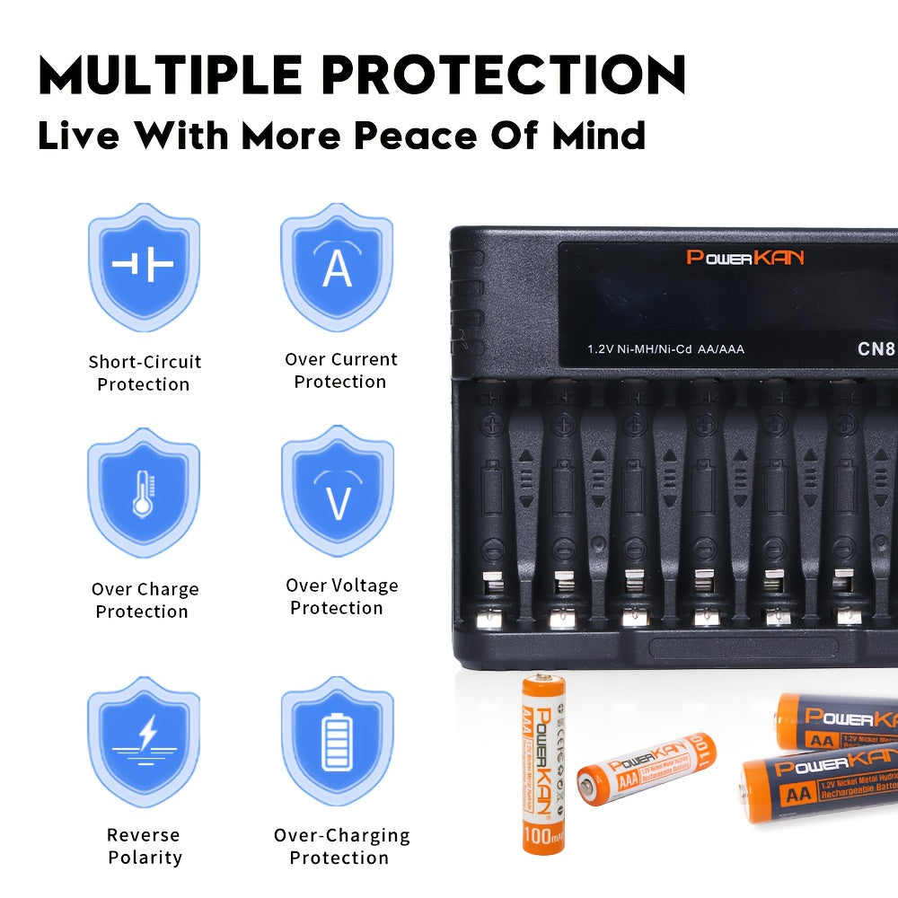 POWERKAN kit (battery + charger), 1.2V NiMH rechargeable AA and AAA batteries + CN8 charger, AA/AAA rechargeable and reusable, suitable for remote controls, alarm clocks, microphones and other household essential electronic d