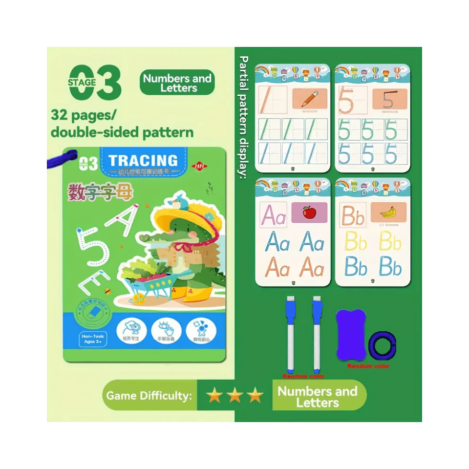 32-Page Magic Writing Practice Book - Reusable Pencil Control Training Workbook with Tracing Letters, Numbers & Shapes, Interactive Whiteboard-Style Pages for, Kindergarten Learning, Activities, Christmas/Halloween Gift, Educ
