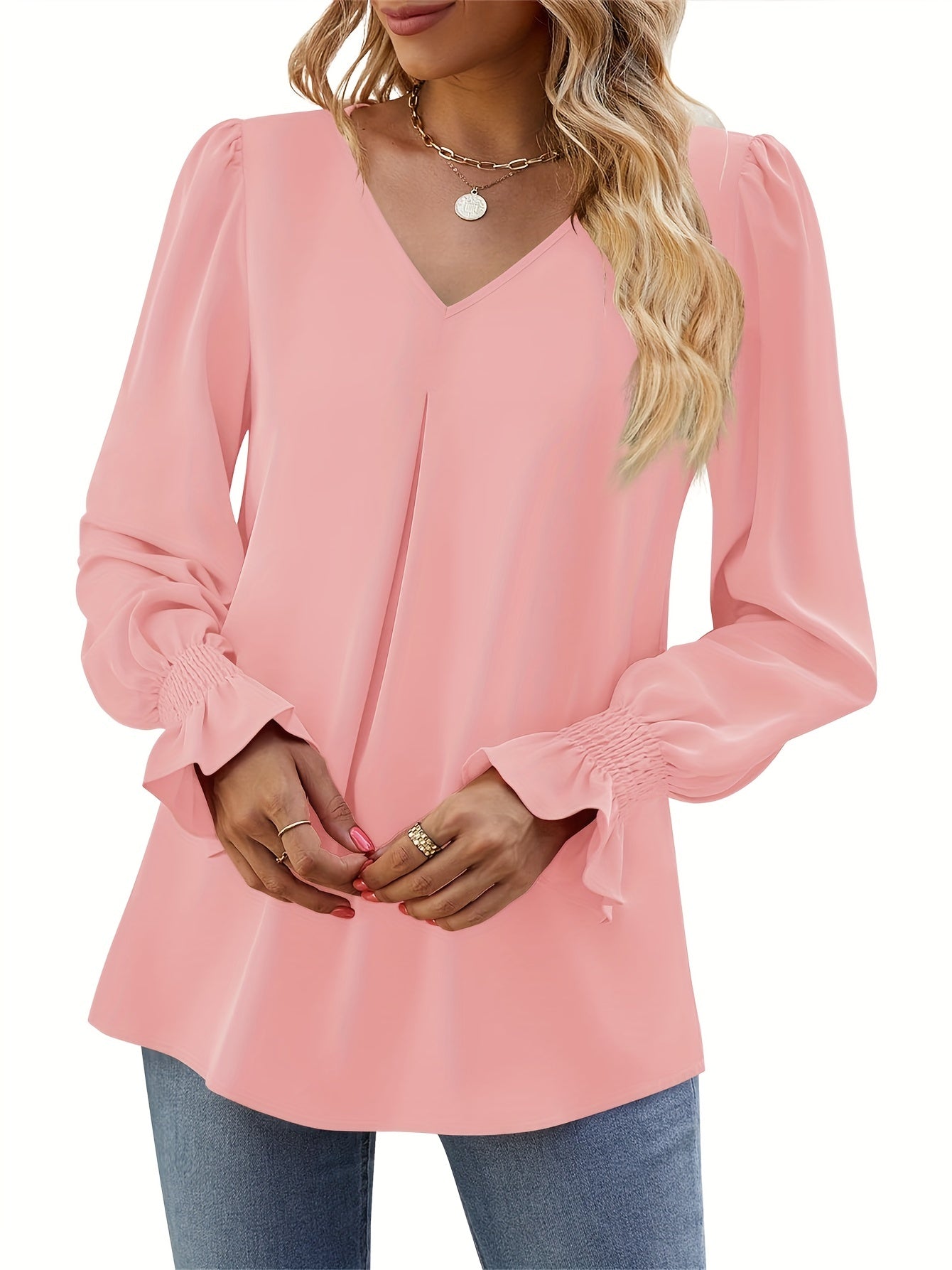 Solid V Neck Simple Blouse, Elegant Long Sleeve Ruched Blouse, Women's Clothing