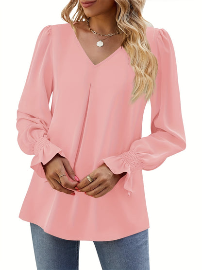 Solid V Neck Simple Blouse, Elegant Long Sleeve Ruched Blouse, Women's Clothing