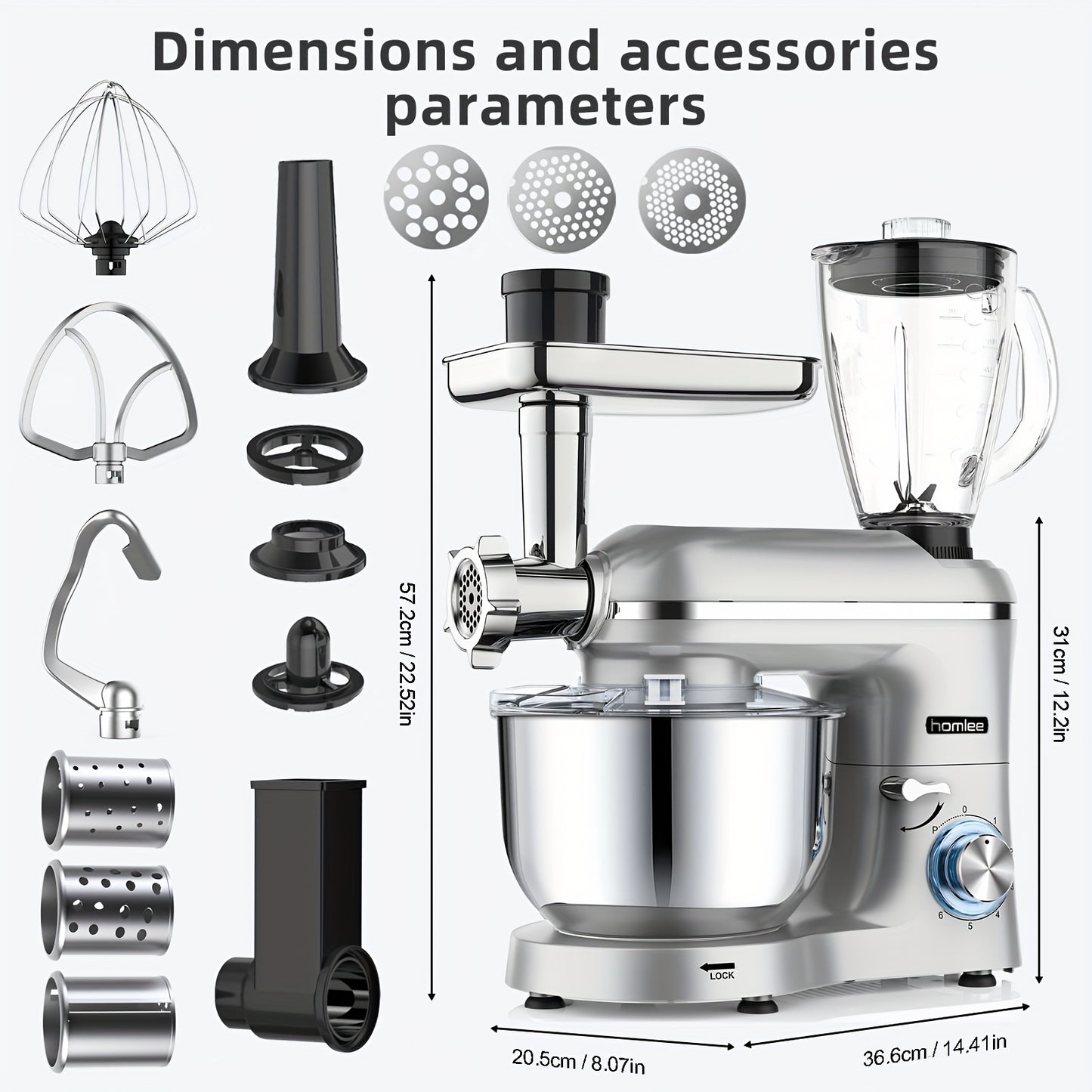 Homlee 6 in 1 Multifunctional Stand Mixer with 5.5L Stainless Steel Bowl, 2000W 6 Speed Tilt-Head Meat Grinder, Juice Blender with 1.5L Glass Jar, Multi-Functional Food Processor, Commercial Mixers for Most Home Cooks Beater