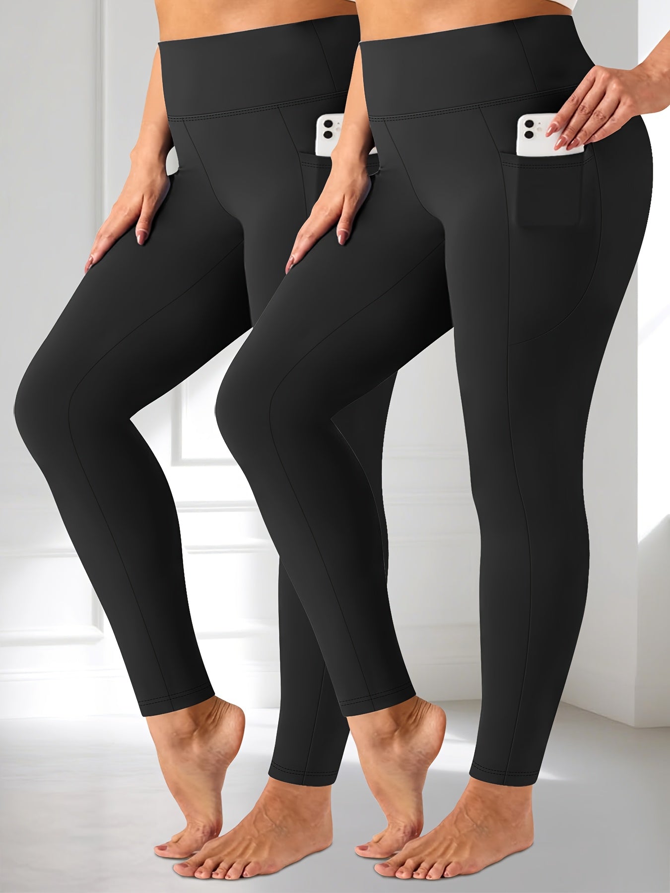 Plus Size - Two-piece set - Plus Size Crescent Pocket 9-Inch Pants (Discounted Promotional Model) - Belly Tight-Fitting Leggings with Pockets High-Waisted Pants for Women and Fitness