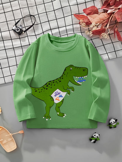 Boys' Pure Cotton Long Sleeve T-Shirt with Small Dinosaur Pattern Autumn and Winter Trendy Style