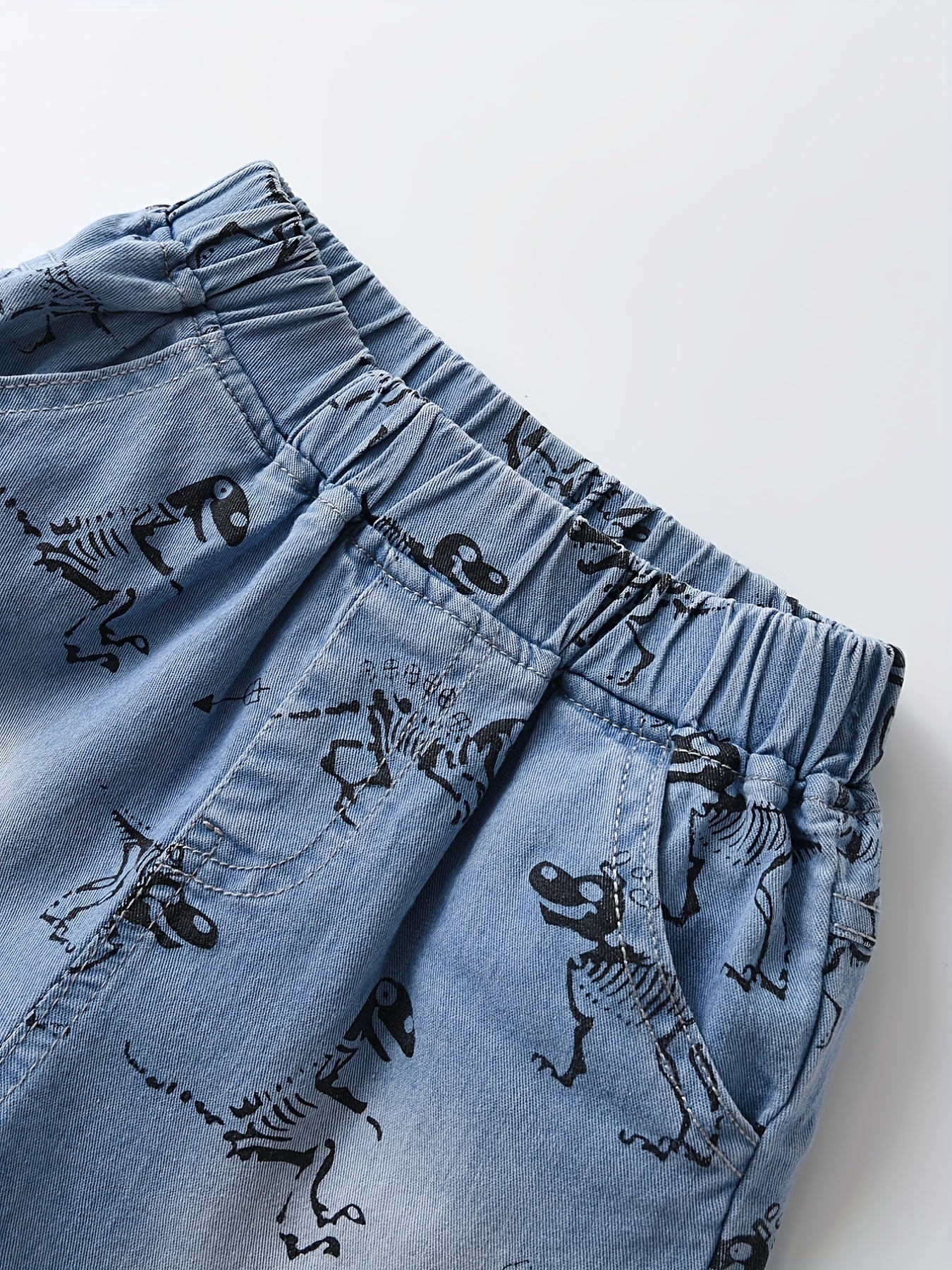 Skeleton Dinosaur Print Boys Comfortable Creative Denim Shorts, Casual Slightly Stretch Shorts For Summer Outdoor