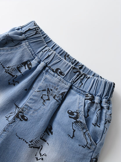 Skeleton Dinosaur Print Boys Comfortable Creative Denim Shorts, Casual Slightly Stretch Shorts For Summer Outdoor