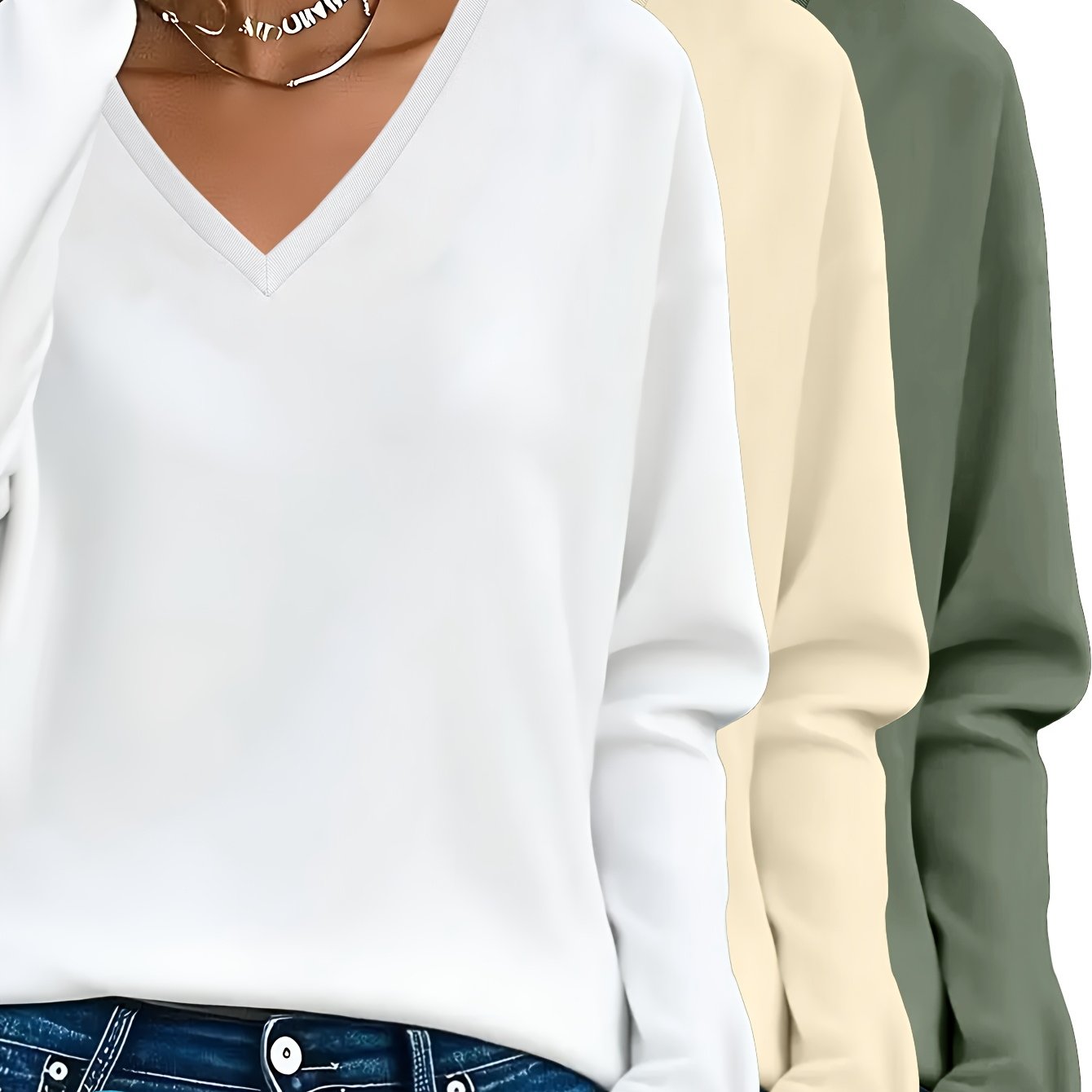 3pcs Women'S 100% V-Neck Long Sleeve T-Shirts - Soft, Durable, and Comfortable Casual Wear for All Seasons, Perfect for Holidays, Graduations, and Everyday Style, Everyday Comfort Wear | Minimalist Style | Soft Fabric Tee