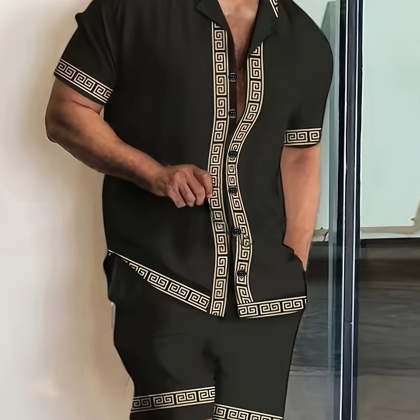 Elegant Men's 2Pcs Outfits, Casual Lapel Button Up Short Sleeve Shirts Hawaiian Shirt And Drawstring Shorts Set For Summer, Men's Clothing