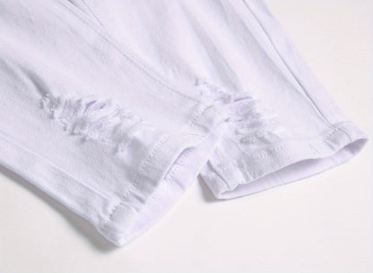 Men Fashion White Ripped Distressed Destroyed Washed Denim Jeans Ripped Slim Fit Wild Jeans White Denim Pants