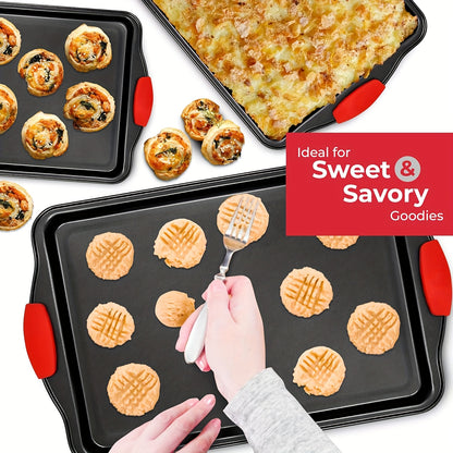 Non-stick Pan Baking Tray, with Red Silicone Handle, Kitchen Baking Plate, Heat-resistant and Non-Sticking, Home Use Baking Tray, Cake, Oven Cookie Baking, Rectangular Cookie Tray, Easy to Clean, Suitable for Cookies, Cakes a