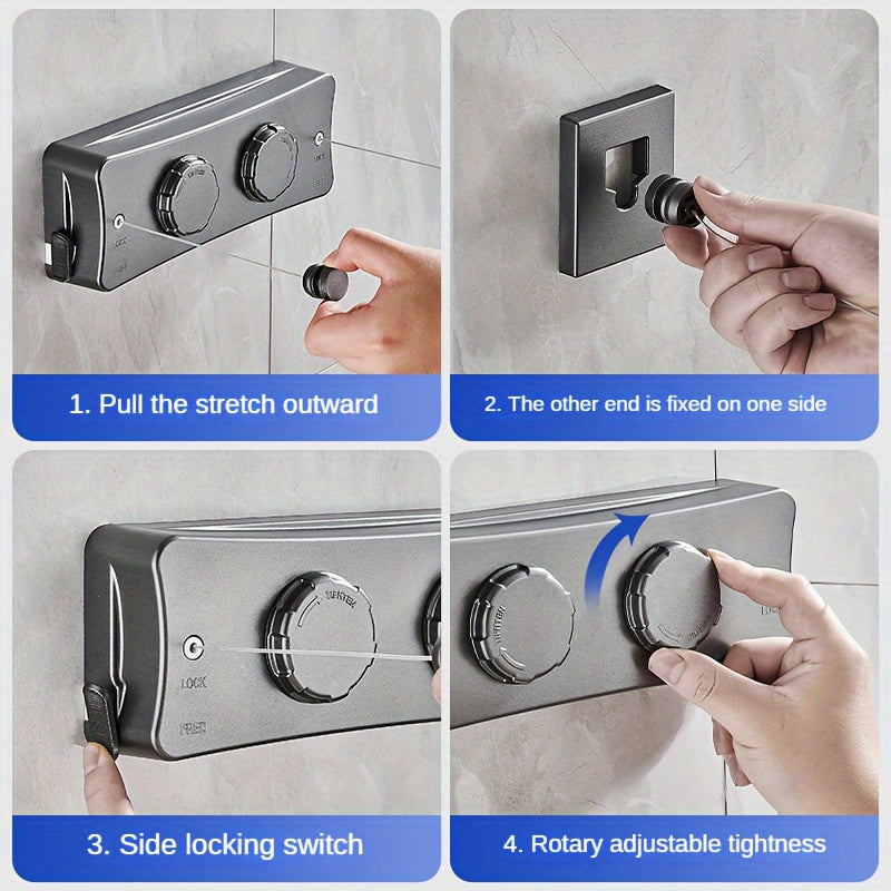 1pc Adjustable Double Line Retractable Clothesline, 304 Stainless Steel, Indoor Invisible Reel Drying Rope, Space Saving For Apartment Balcony, Towel Quilt Clamp, Rust-proof ABS Shell