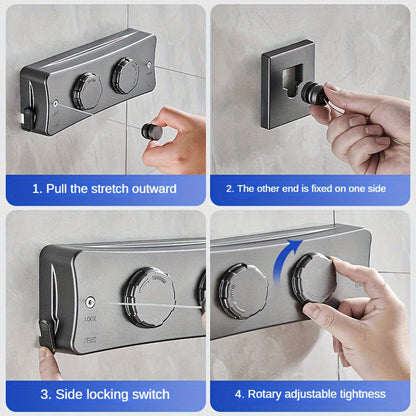 1pc Adjustable Double Line Retractable Clothesline, 304 Stainless Steel, Indoor Invisible Reel Drying Rope, Space Saving For Apartment Balcony, Towel Quilt Clamp, Rust-proof ABS Shell