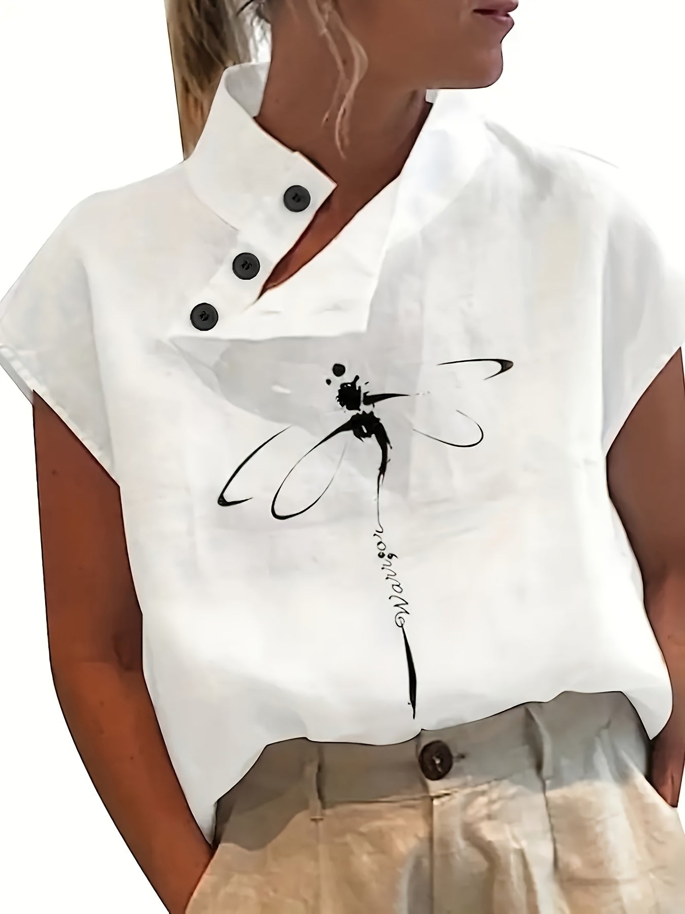 Dragonfly Print Skew Button Blouse, Elegant Short Sleeve Top For Spring & Summer, Women's Clothing