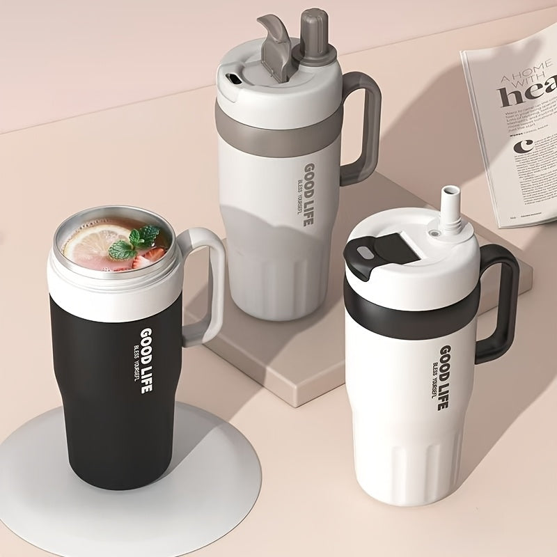 1pc 304 Stainless Steel Double-Walled Handle Tumbler, 720ml Large Capacity Sports Cup with Straw – Portable Outdoor Travel Mug, Essential High-Capacity Water Bottle for Car and Outdoors