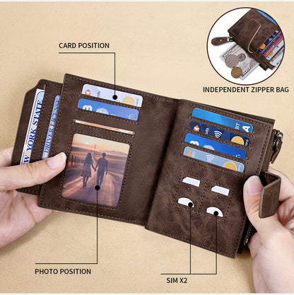 BANYANU Vintage Genuine Leather Wallet for Men - RFID Blocking, 17 Card Slots, Zippered Coin Pocket & Independent Card Holder, Brown, Perfect Father'S Day Gift, Secure Card Storage | Vintage Wallet | Durable Zipper Closure, B