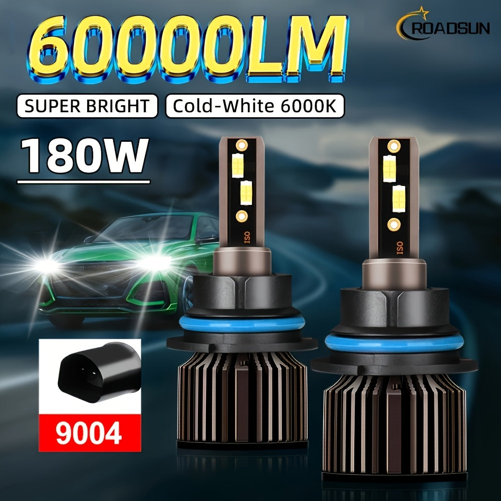 2pcs ROADSUN LED Bulbs - 60000LM Ultra Bright, 180W, 6000K Cool White, H1/H7/H11/9005/9006/H4/H13/9007/9004 Compatible, Plug & Play, Cooling Fan, Aviation Aluminum Housing, 12V/24V Compatible, for Cars, Trucks, SUVs, Motorcyc