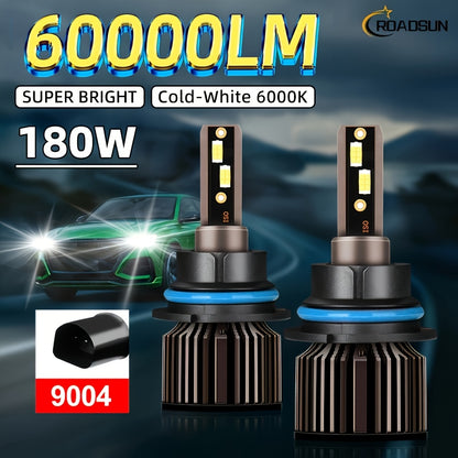2pcs ROADSUN LED Bulbs - 60000LM Ultra Bright, 180W, 6000K Cool White, H1/H7/H11/9005/9006/H4/H13/9007/9004 Compatible, Plug & Play, Cooling Fan, Aviation Aluminum Housing, 12V/24V Compatible, for Cars, Trucks, SUVs, Motorcyc