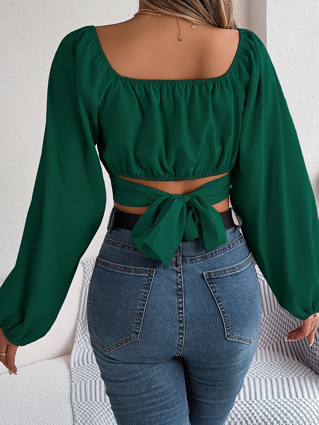 Square Neck Cross Tie Back Crop Blouse, Elegant Lantern Sleeve Slim Blouse For Spring & Fall, Women's Clothing