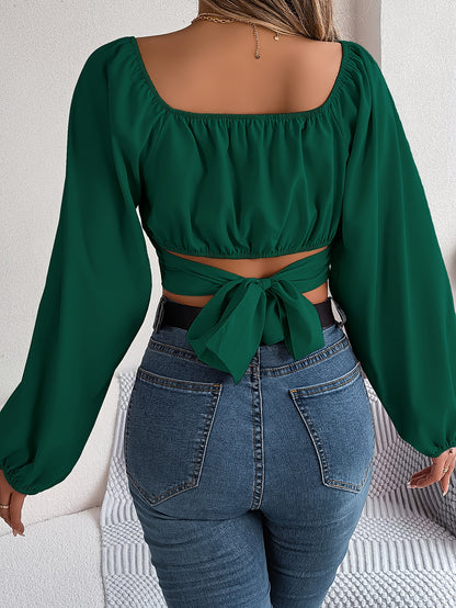 Square Neck Cross Tie Back Crop Blouse, Elegant Lantern Sleeve Slim Blouse For Spring & Fall, Women's Clothing