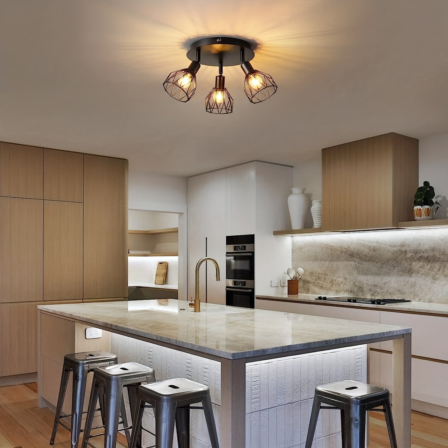 Kitchen lighting fixtures are ceiling mounted, with a three way rotating black iron lampshade, suitable for use in kitchen farmhouses, restaurants, porches, corridors, etc. ( excluding E14 bulbs)