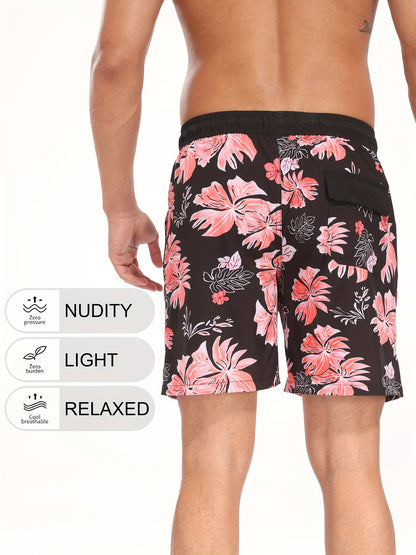 Men's Quick-Dry Beach Shorts with Tropical Palm Tree & Palm Leaf Print - Breathable Stretch Fabric for Summer, Outdoor, Hiking, Swimming - Machine Washable Casual Athletic Shorts, Outdoor Activewear, Summer Shorts