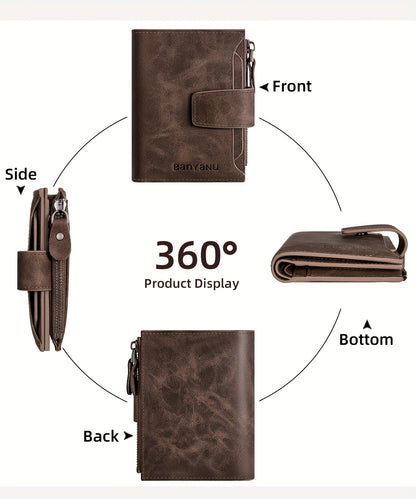 BANYANU Vintage Genuine Leather Wallet for Men - RFID Blocking, 17 Card Slots, Zippered Coin Pocket & Independent Card Holder, Brown, Perfect Father'S Day Gift, Secure Card Storage | Vintage Wallet | Durable Zipper Closure, B