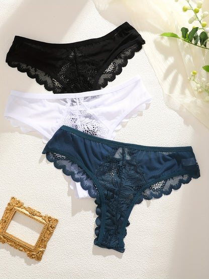 3pcs Women's Lace Trim Sexy Sheer Thong Set, Intimate Wear, Thong Collection, Feminine Lingerie, Elegant Thongs, Soft Lace, Comfortable Fit, Vstring Panties, Lowrise Underwear, Sensual Undergarments, Lingerie Lovers
