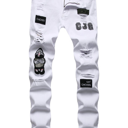 Men Fashion White Ripped Distressed Destroyed Washed Denim Jeans Ripped Slim Fit Wild Jeans White Denim Pants