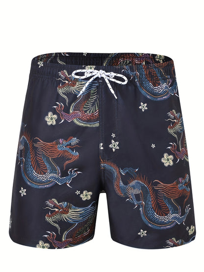 Men's Quick Dry Hawaiian Board Shorts With Pockets, Casual Coconut Tree Graphic Drawstring Swim Trunks For Summer Vacation Beach Pool Outdoor