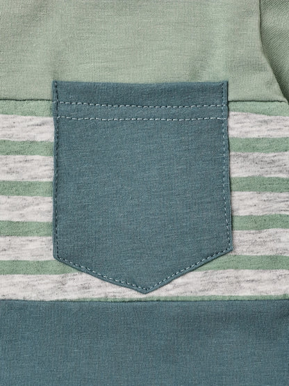 2pcs Baby Boys Summer Outfit Set - Cotton & Polyester Crew Neck T-Shirt with Stripes & Patch Detail, Short Sleeve, Drop Shoulder, Knit Fabric, with Matching Shorts with Belt & Fake Drawstring - Regular Fit, for Outdoor