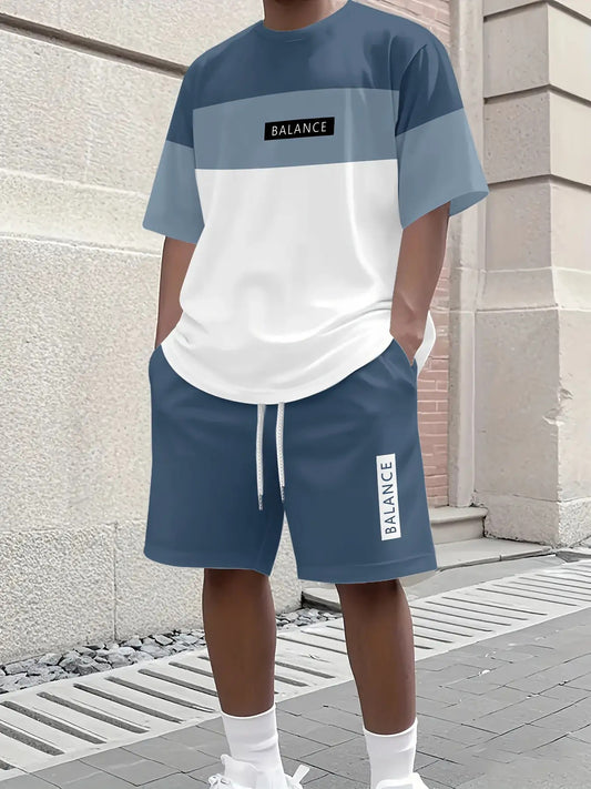 Men'S Plus Size 2pcs Sportswear Set- Black and White Color Block- BALAN Text Design- Lightweight Fitness Clothing Suitable for Running and Casual Summer Wear- Machine Washable Breathable Fabric Shorts and T-Shirt Set, Large S
