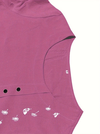 Dandelion Print Button Decor T-Shirt, Casual Crew Neck Short Sleeve T-Shirt For Spring & Summer, Women's Clothing