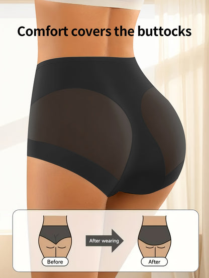 4pcs QUASTI Women's High Waist Mesh Panties - Breathable, Non-Marking, Tummy Control & Hip Lifting, Nylon Spandex Blend, Elegant French Romantic Design for Daily Wear, Black & Beige