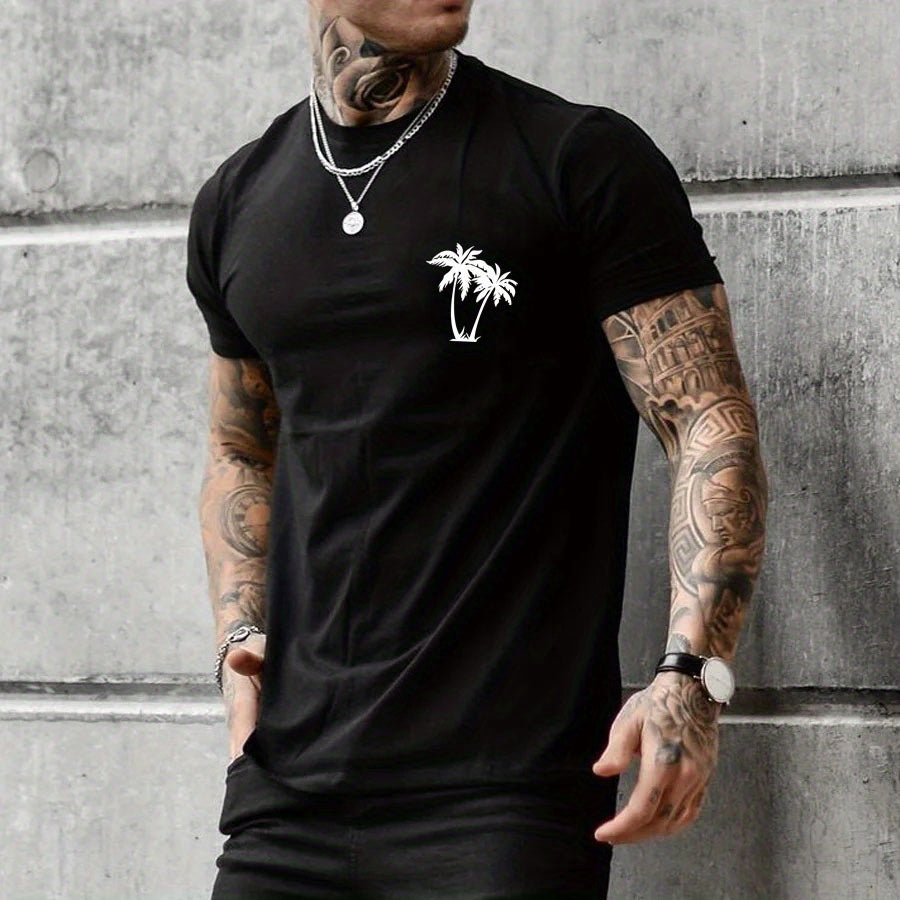 Sketch Style Palm Tree Pattern Top Casual Mid Stretch Short Sleeve Crew Neck Graphic T-shirt, Men's Tee For Summer Outdoor