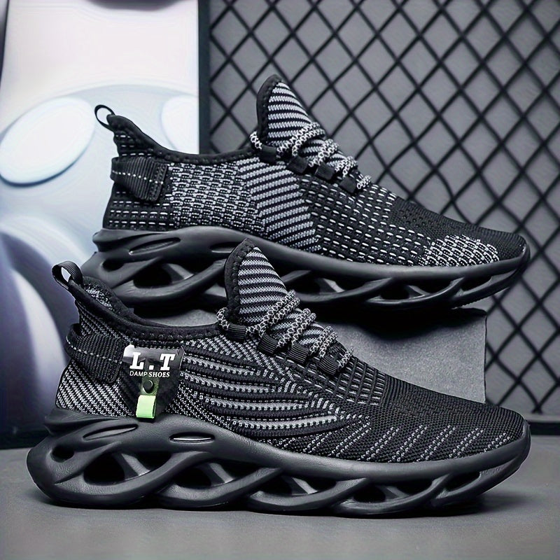 Men's Breathable Slip- Sneakers - Arch & Cushioned Sole, Black/Gray/White Sneakers with Arch, Lace-Up Closure & Traction Tread for Gym, Jogging, Casual Wear - All-Season Comfortable Walking Shoes with Geometric/Striped Design