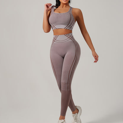 Yoga Sports Long Pants and Vest Set, Solid Color, Rib, High Stretch, Skinny Fit, Long Length, All-Season, for Adult, Sports Occasion, Ribbed Details, Ribbed Fabric