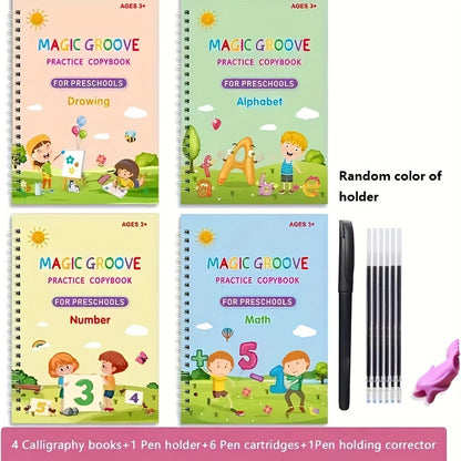 4 livros + 1 caneta + 6 recargas de caneta + 1 porta-canetas, caderno de caligrafia infantil, livro de exercícios infantil, livro de palavras mágicas, livro de atividades para educação infantil