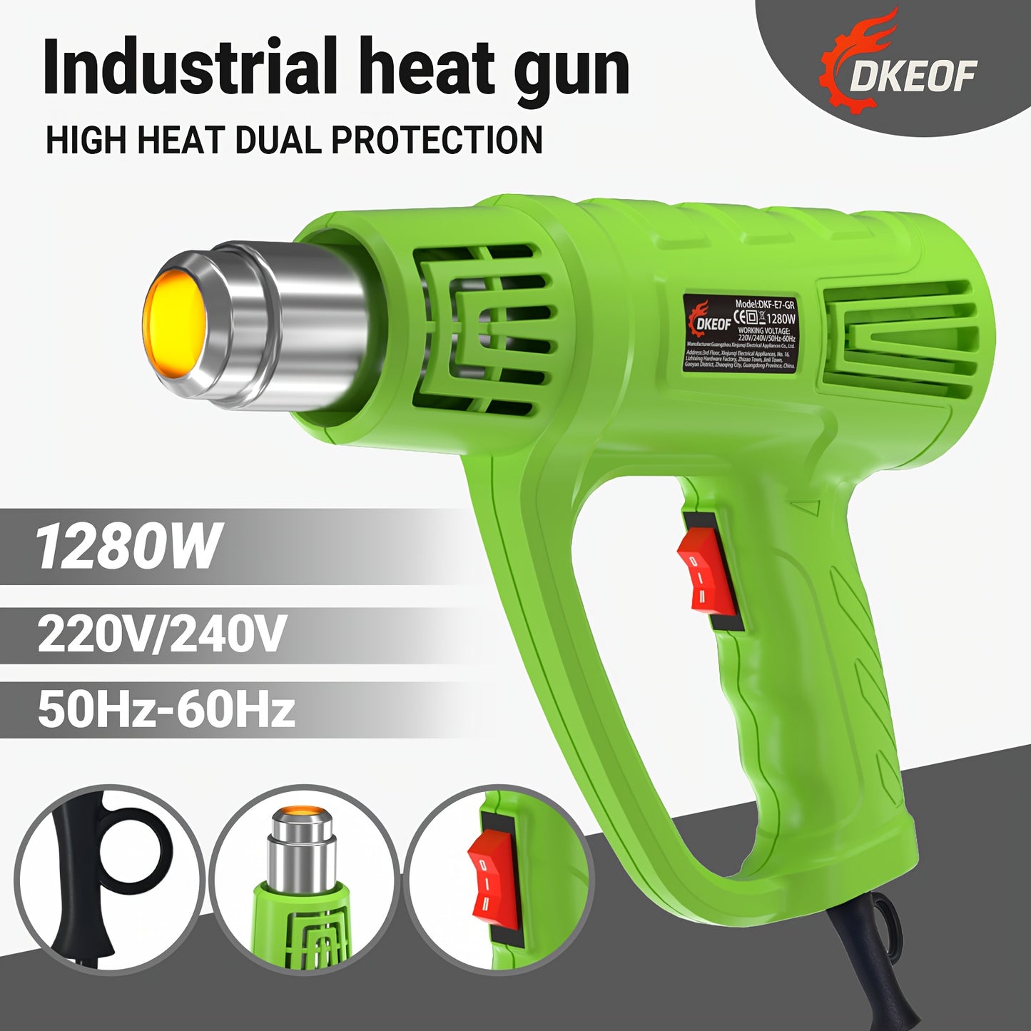 DKEOF Turbo Heat Gun Pro - 1280W High-Power Industrial Heat Gun with 4-Nozzle Kit, 100-600°C Precision Temperature Control, Overheat Protection, Durable Construction, Ergonomic Design, Heavy-Duty Metal Construction for Weldi