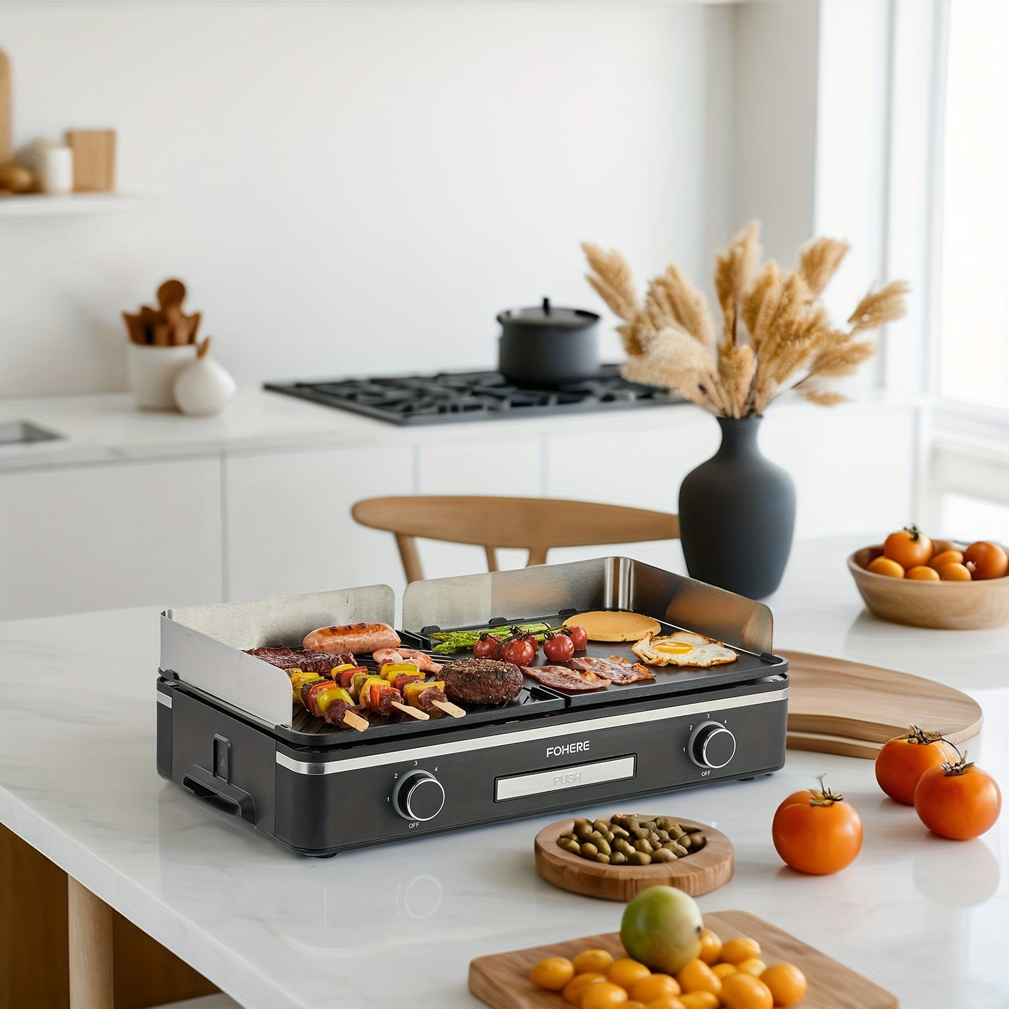 2400W Electric Indoor Grill Griddle with Large 25x30cm Nonstick Plates, 2-Zone Adjustable Temperature Control, Pancake & Egg Maker, Drip Tray & Indicator Light - Stainless Steel Portable Flat Top Grill for Kitchen, Camping, R