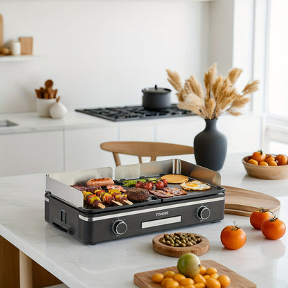 2400W Electric Indoor Grill Griddle with Large 25x30cm Nonstick Plates, 2-Zone Adjustable Temperature Control, Pancake & Egg Maker, Drip Tray & Indicator Light - Stainless Steel Portable Flat Top Grill for Kitchen, Camping, R