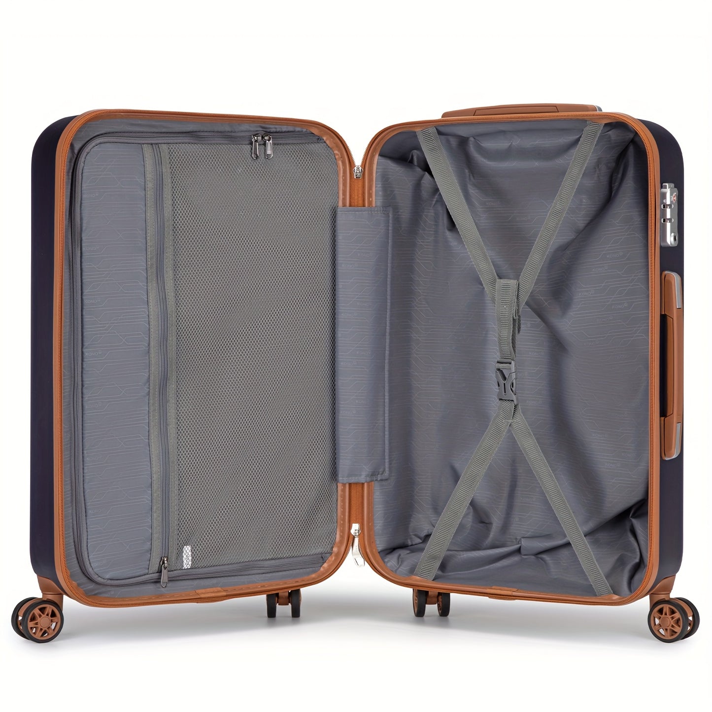 Kono Multi-Size Checked Luggage Suitcase with Spinner Wheels, TSA Lock & ABS+PC Hardshell - Lightweight Carry-On or Checked, Navy Blue & Brown, Frame, Multi-Directional Travel Suitcase for &